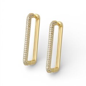 Rectangle Huggie Hoop Earrings 14k Gold Plated CZ Stone